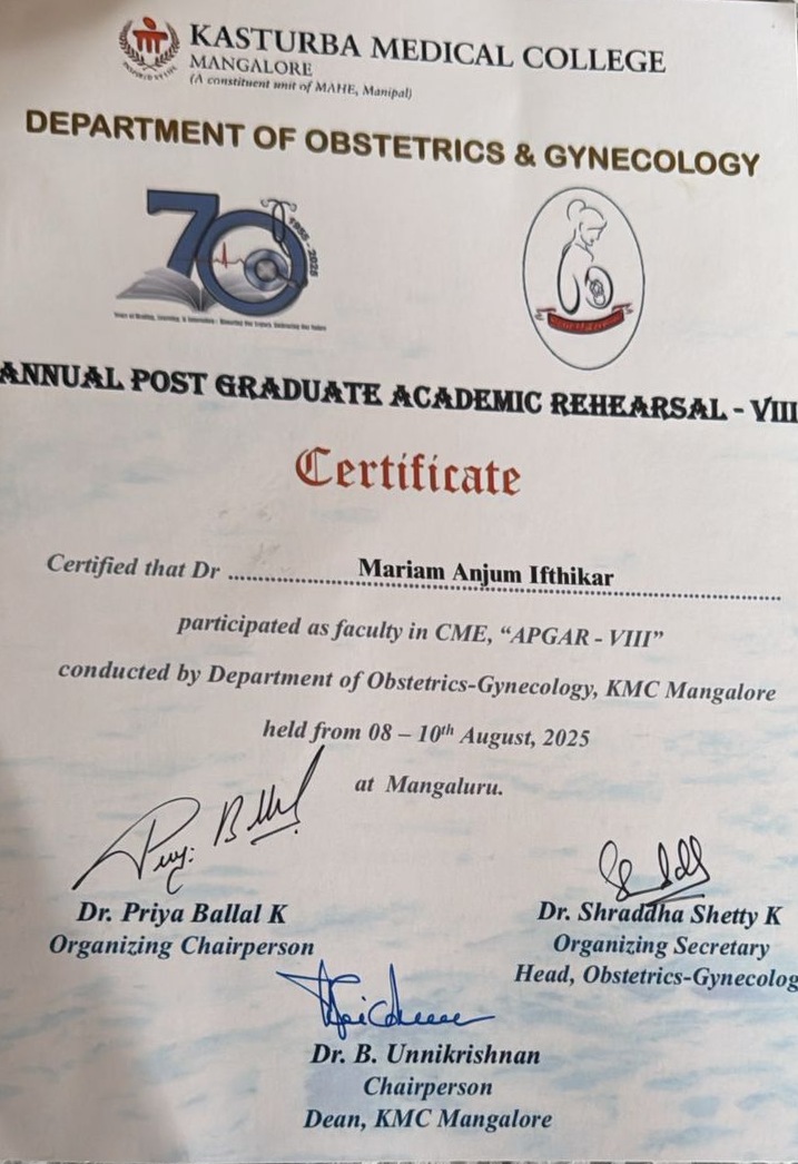 Dr. Mariam Anjum — KMC Manipal — Certificate